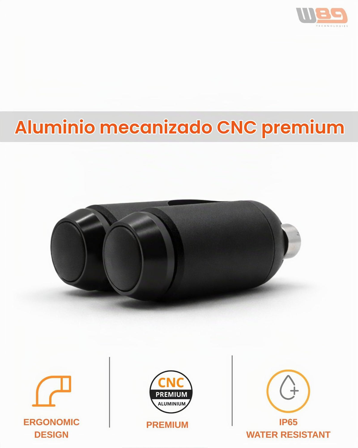 Pulsador de manillar W89 negro en aluminio mecanizado CNC, diseño ergonómico y protección IP65