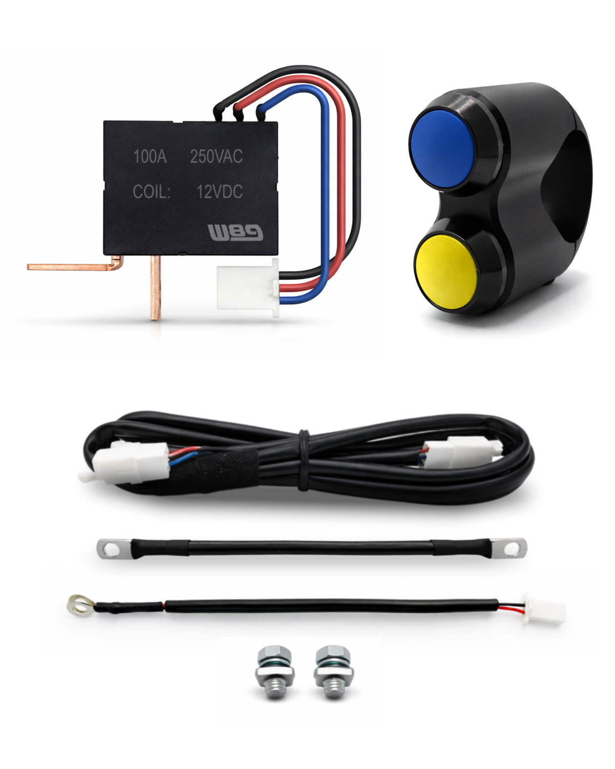 Desconectador de batería W89 B01 a medida: soporte de manillar con los pulsadores en azul y amarillo, relé de 100 A, cableado y tornillos