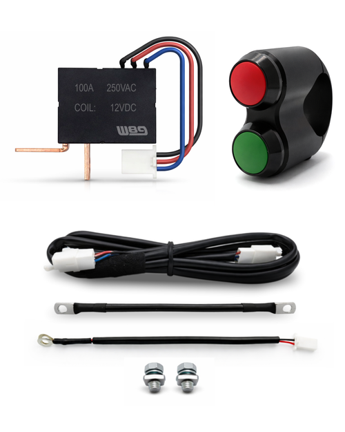 El mismo kit con la combinación de serie: pulsador verde para dar corriente y rojo para cortar