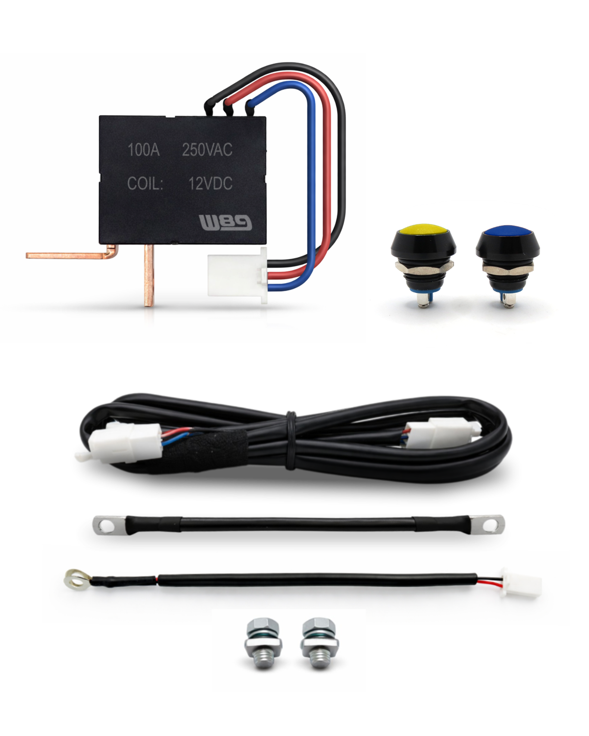 Desconectador de batería W89 B02 a medida: relé de 100 A, cableado y dos pulsadores independientes en amarillo y azul