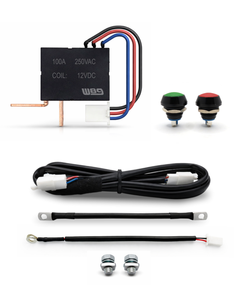 El mismo kit con la combinación de serie: pulsador verde para dar corriente y rojo para cortar