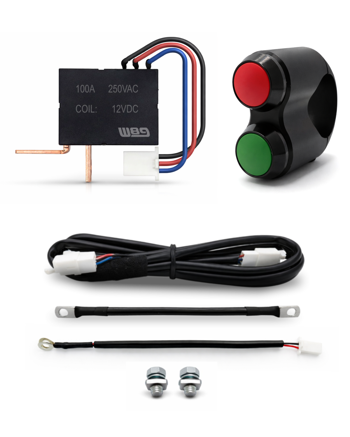 Kit completo del desconectador de batería W89 B01: relé de 100 A, soporte de manillar con pulsadores rojo y verde, cables y tornillos