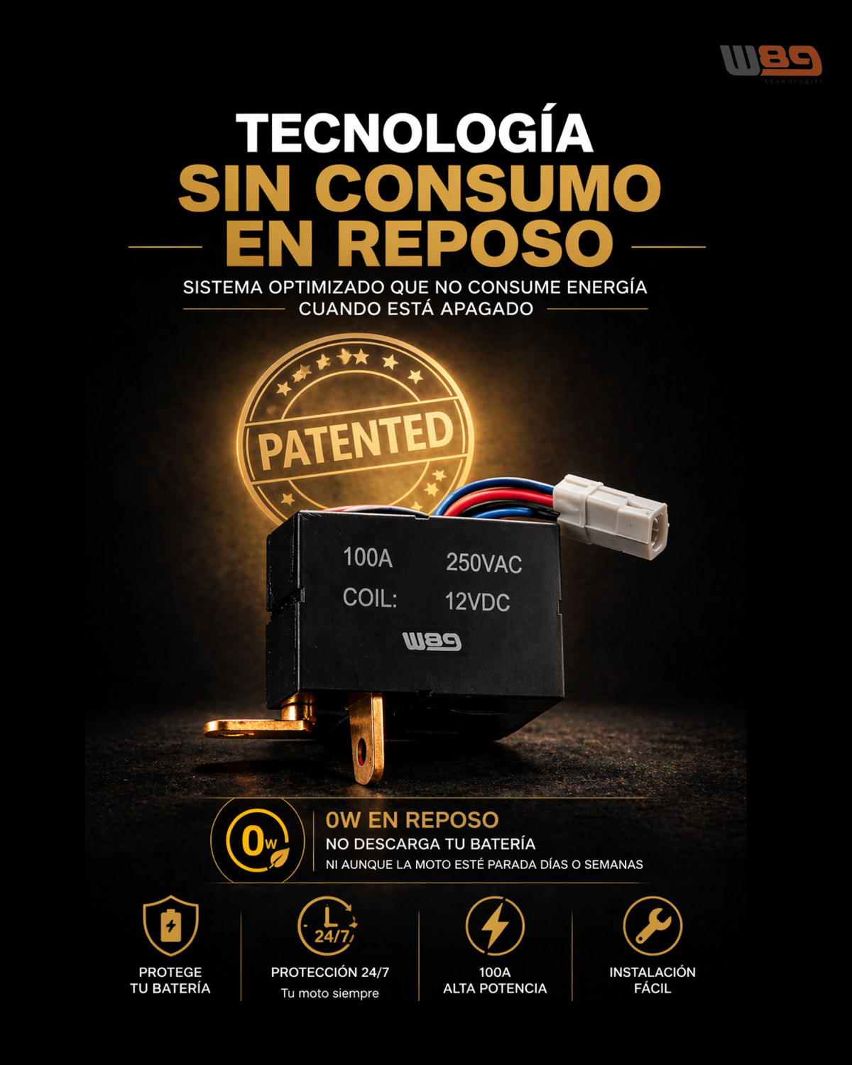 Relé W89 de 100 A con consumo cero en reposo