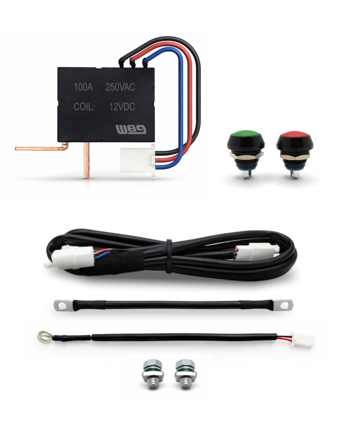 Kit completo del desconectador de batería W89 B02: relé de 100 A, pulsadores verde y rojo, cable principal, cable de potencia, cable de control y tornillos
