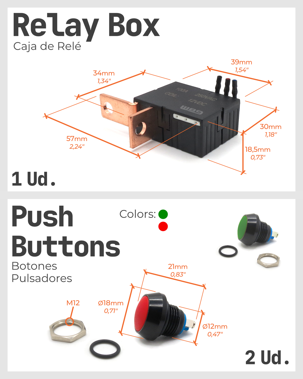 Medidas de la caja de relé (57 × 39 × 30 mm) y de los pulsadores M12 de 18 mm del desconectador W89 B02