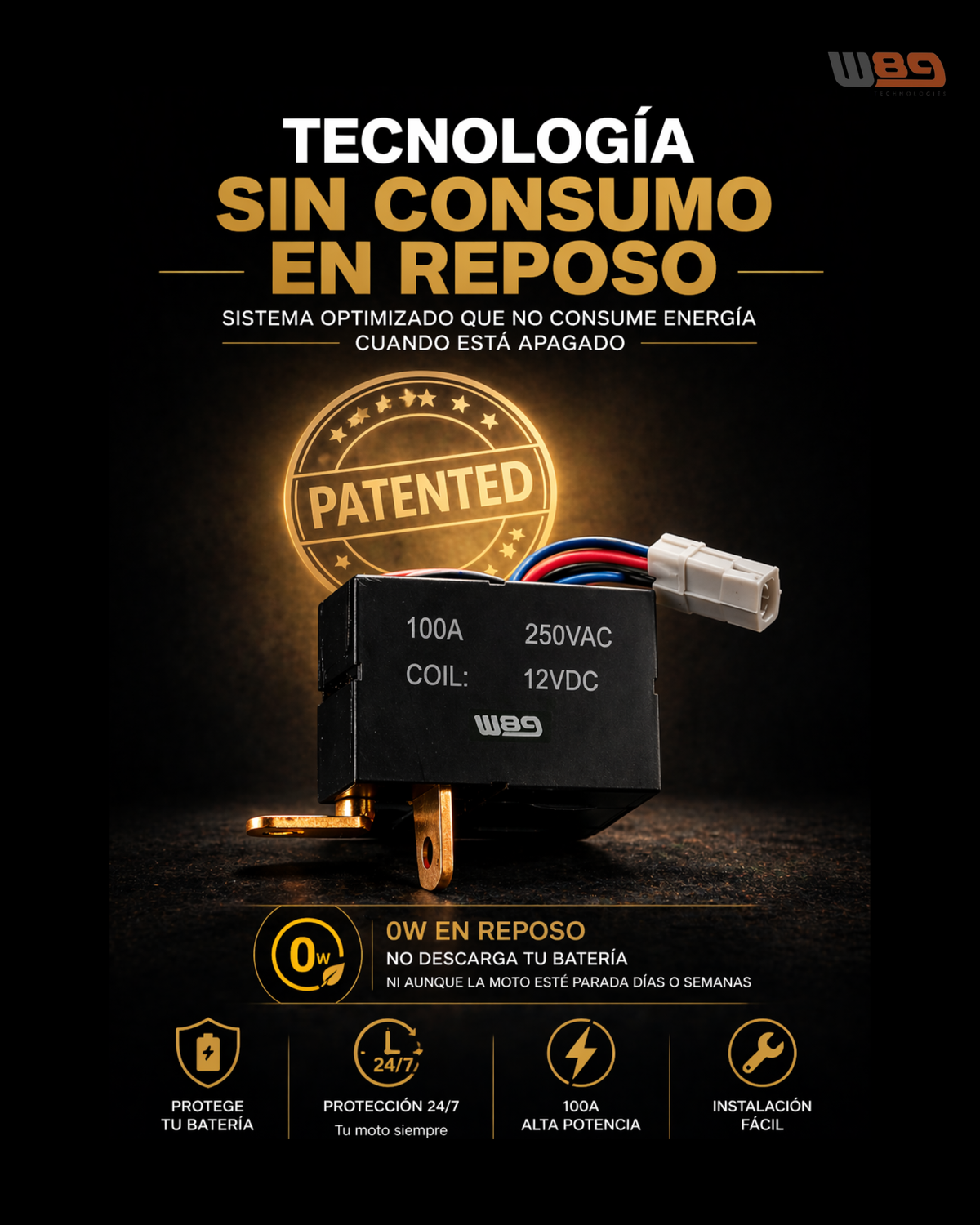 Relé W89 de 100 A con tecnología sin consumo en reposo (0 W): no descarga la batería con la moto parada