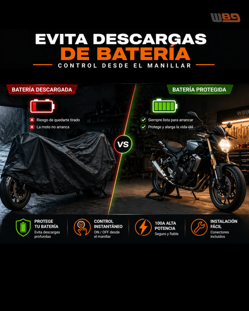 Evita descargas de batería: moto parada con batería protegida gracias al desconectador W89 controlado con pulsadores