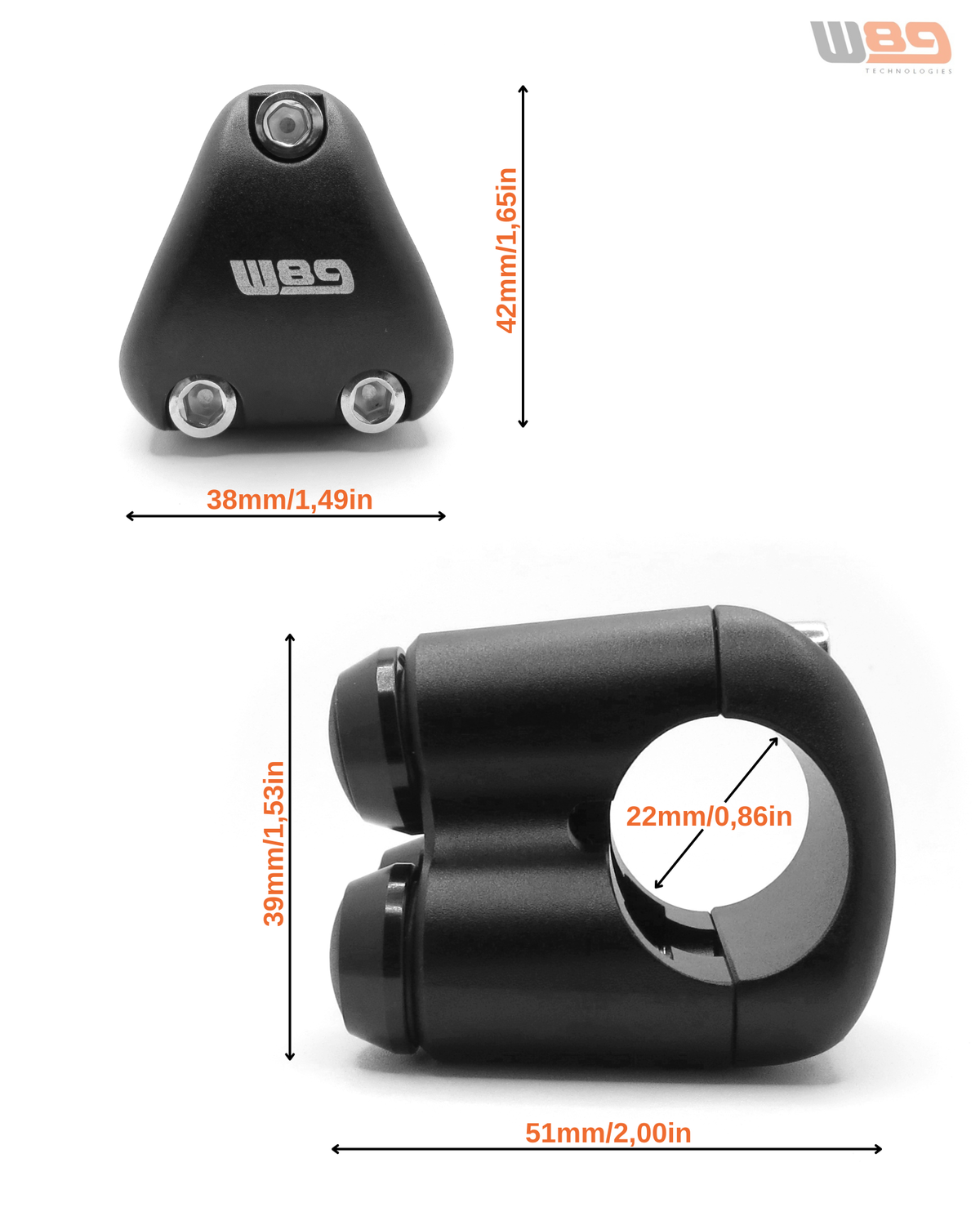 Medidas del pulsador triple W89: 51 × 39 mm de perfil, 38 × 42 mm de frente, para manillar de 22 mm