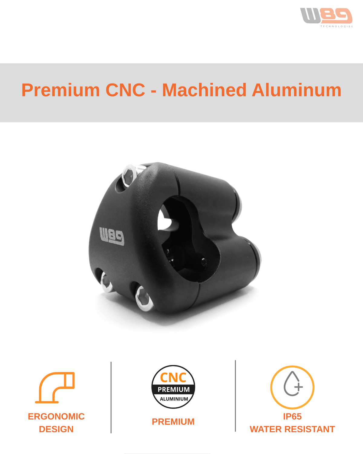 Pulsador triple W89 en aluminio mecanizado CNC con logotipo grabado, diseño ergonómico y protección IP65
