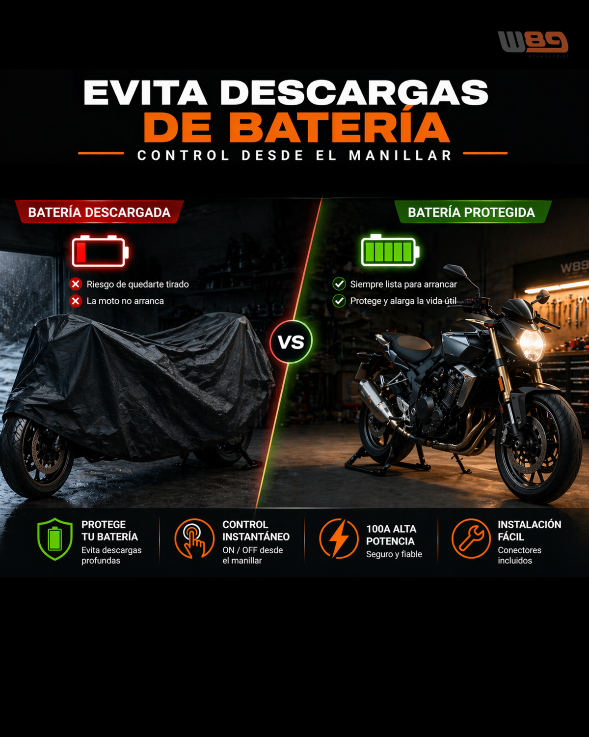 Evita descargas de batería: moto parada con batería protegida gracias al desconectador W89 controlado con pulsadores