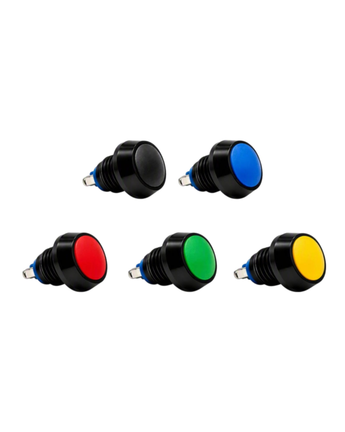 Pack de 5 interruptores pulsadores W89 12 V 10 A IP65 multicolor: negro, azul, rojo, verde y amarillo, cuerpo de aluminio negro con terminales de tornillo