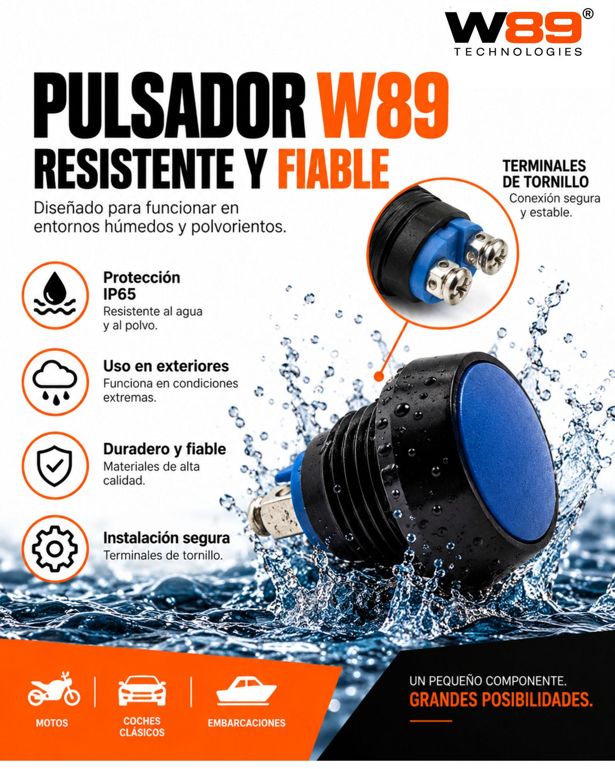 Pulsador W89 resistente al agua y al polvo (IP65) para motos, coches clásicos y embarcaciones