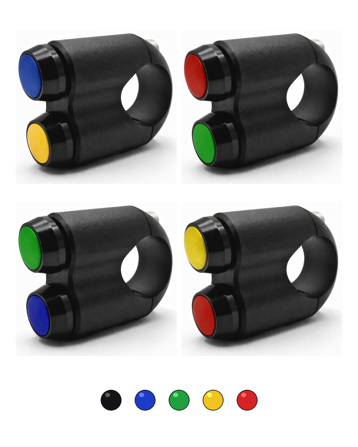 Pulsador de manillar W89 de 22 mm a medida con 2 botones: cuatro combinaciones de color y los cinco colores disponibles (negro, azul, verde, amarillo y rojo)