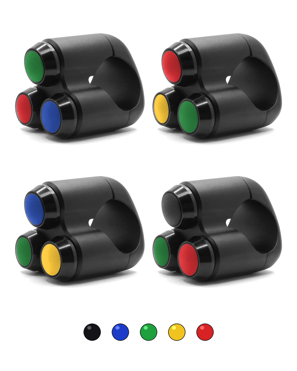 Pulsador de manillar W89 de 22 mm a medida con 3 botones: cuatro combinaciones de color y los cinco colores disponibles (negro, azul, verde, amarillo y rojo)